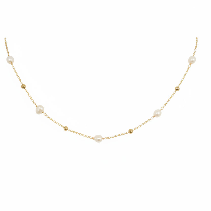 colier la baza gatului cu perle de apa dulce de culoare alba, placat cu aur rezistent