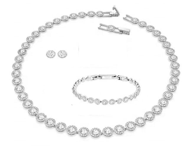 Set colier tennis cristale rotunde Bella argintiu